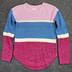SO Striped Colorblock Ribbed Sweater Women XS Pink Blue White Crewneck Knit